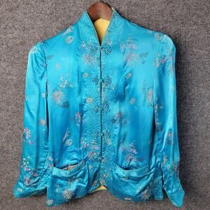 Vtg Peony Chinese Silk-Like Jacket Womens Small Blue Embroidered Mandarin Collar